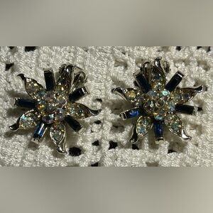 Elegant Silver and Blue Floral Clip-On Earrings